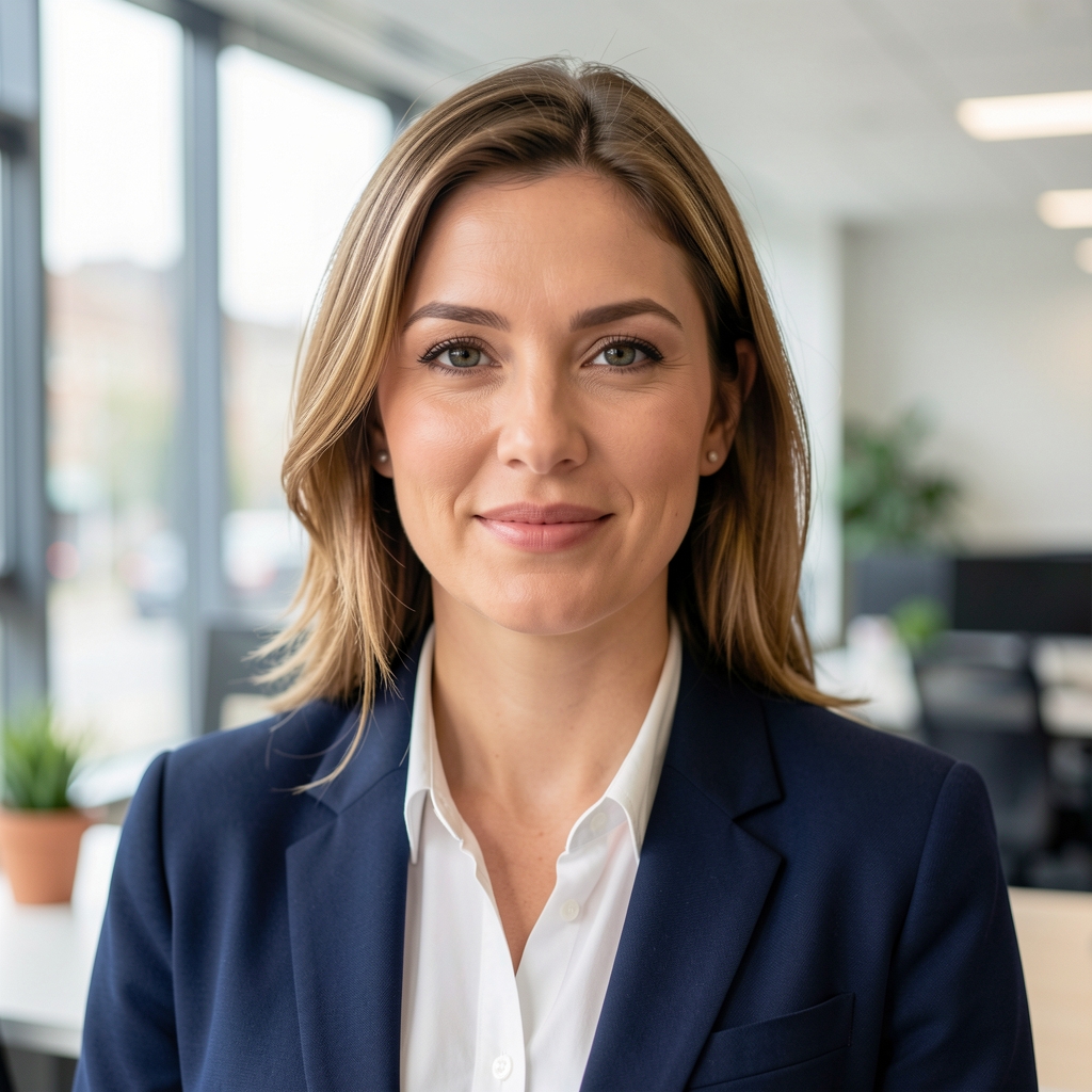 Portrait of a woman with natural light, professional editorial environment, London office setting