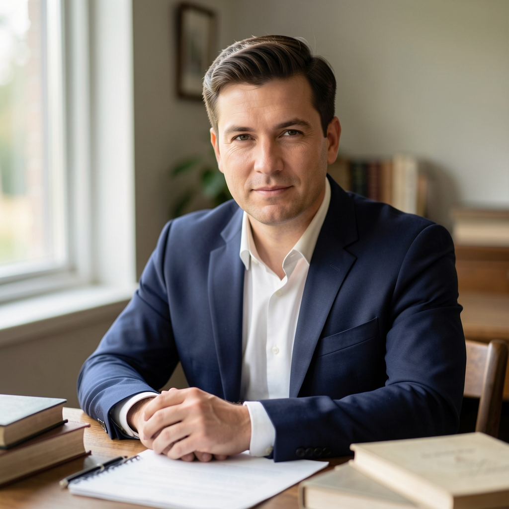 Portrait of a man at a wooden desk with books and papers, soft daylight from a side window