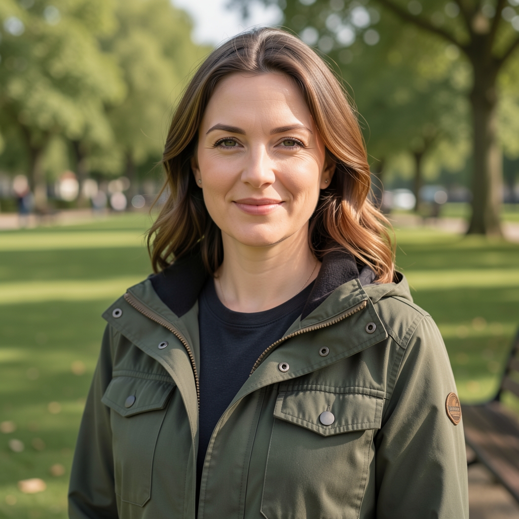 Portrait of a woman outdoors near a London park, wearing casual outdoor clothing in daylight
