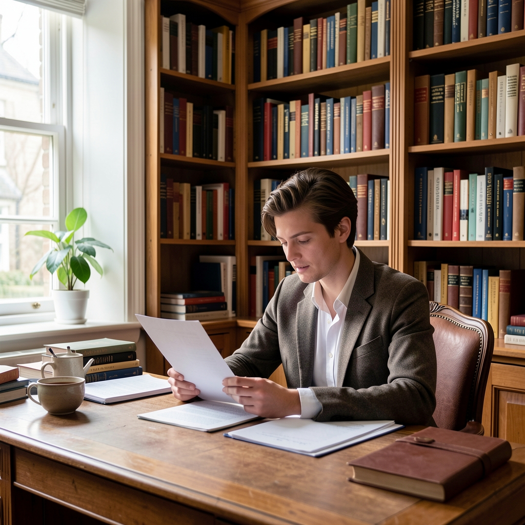 Person reading papers at a desk with shelves of books in a quiet well-lit London study
