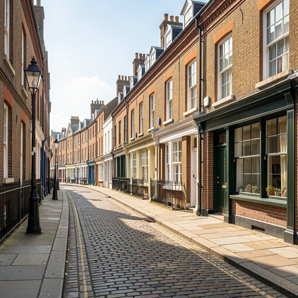 Clerkenwell street view on a bright morning with period architecture and cobbled pavement