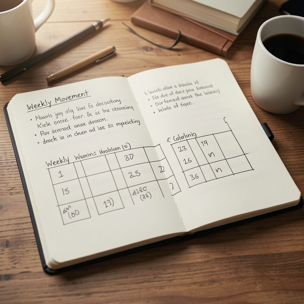 Open notebook with handwritten movement notes and sketched weekly walking schedule on wooden desk