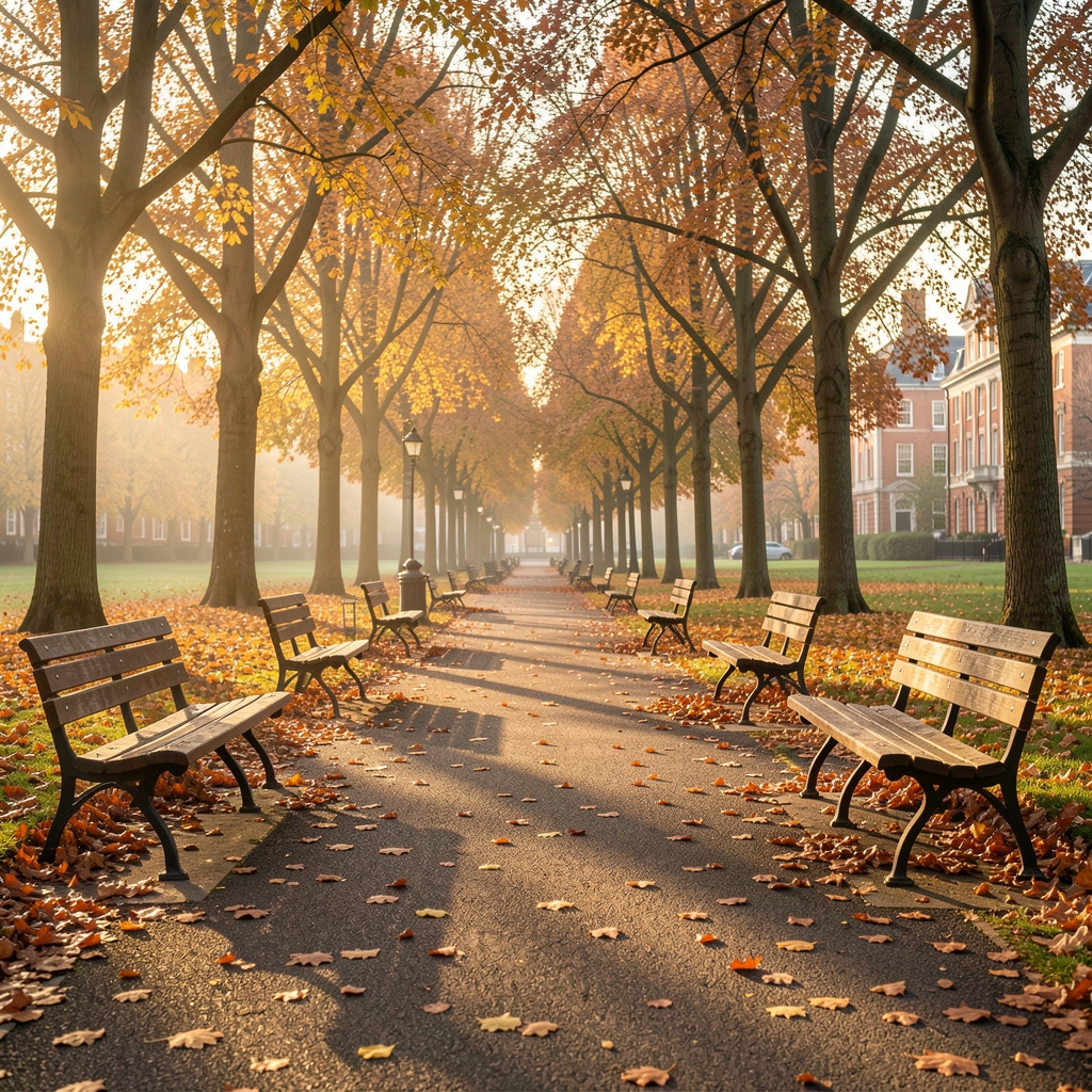 London park path in autumn with fallen leaves, early morning golden hour light and empty benches
