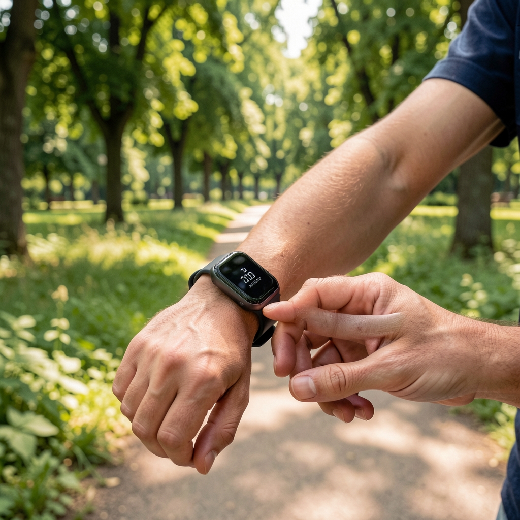 Close-up of a person checking a smartwatch step counter during a park walk, surrounded by green foliage