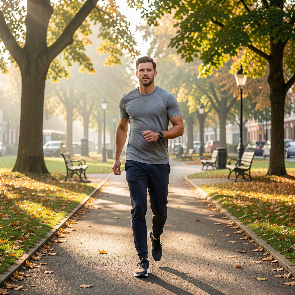 Person walking briskly through a leafy London park in early morning light, wearing casual athletic clothing