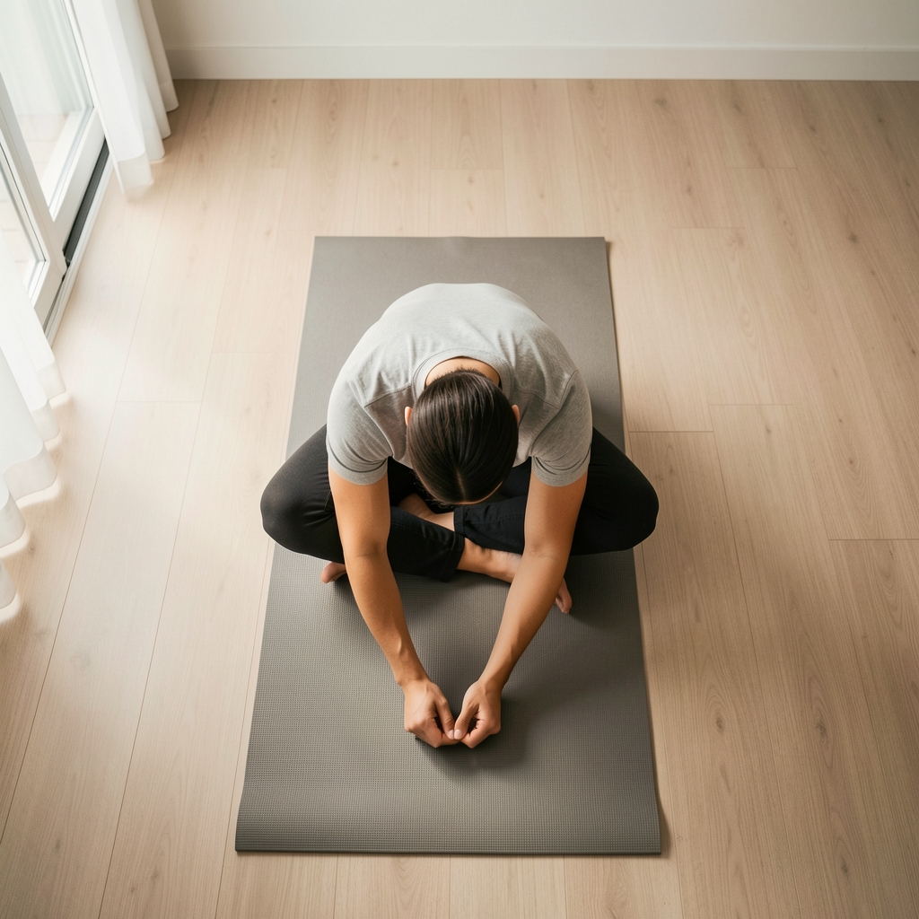 Overhead view of a person in a seated forward stretch on a mat in a well-lit minimal home environment