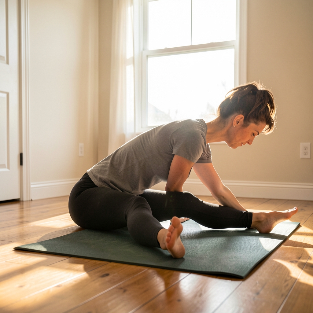 Home stretching routine on a yoga mat near a bright window, morning light on wooden floor