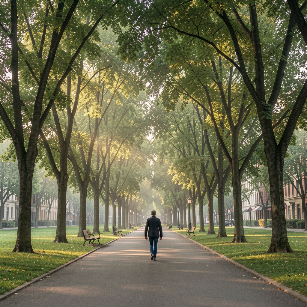 Wide path through a mature urban park with canopy of trees on both sides, person walking alone in early morning
