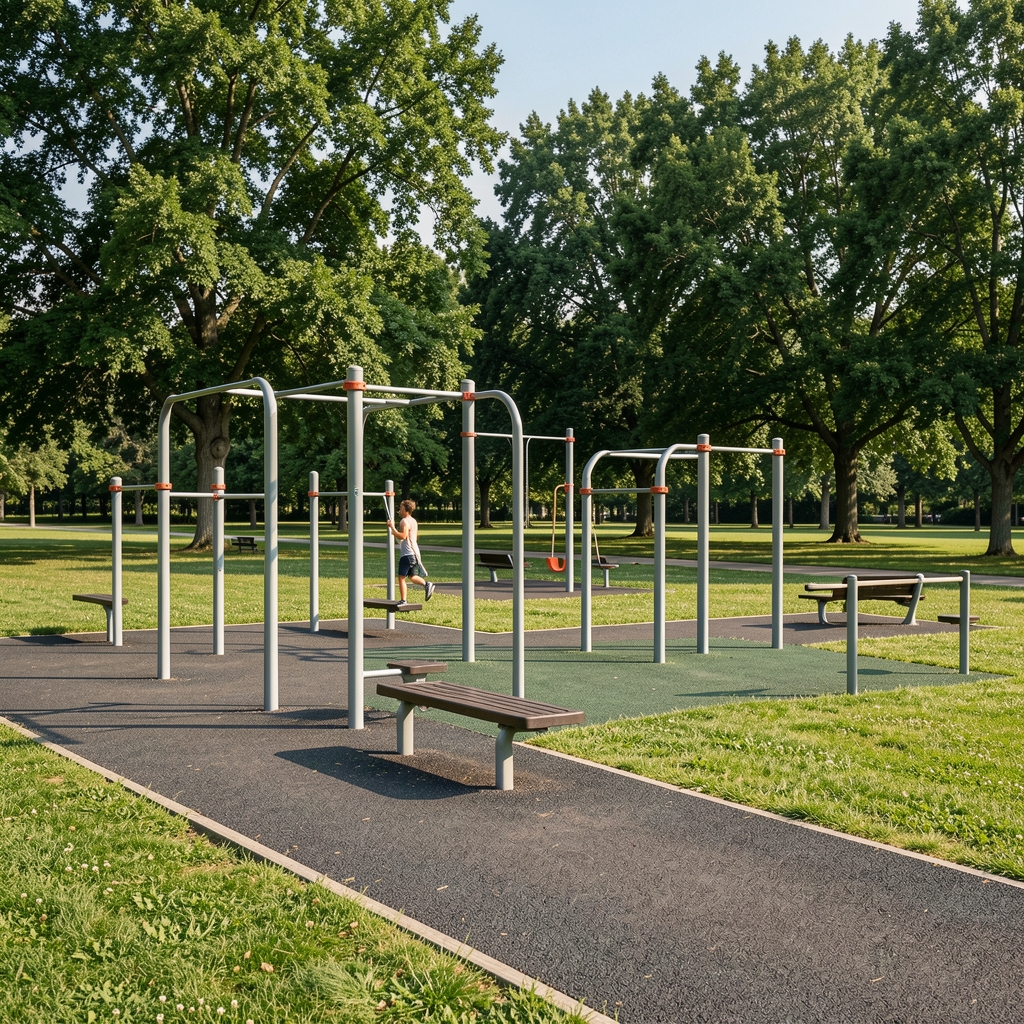 Outdoor park exercise area with fitness trail, green grass and mature trees in the background on a clear day