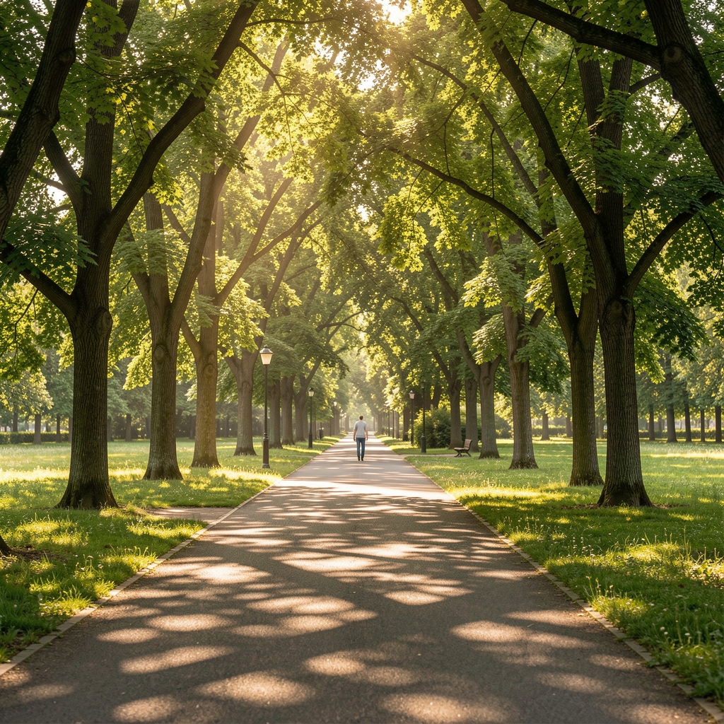 Sunlit park path with dappled morning light through tree canopy, person walking in the distance